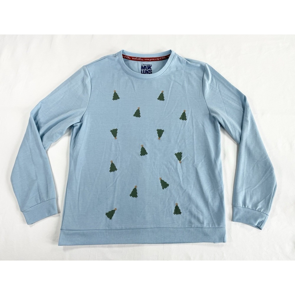 Muk Luks Christmas Tree Sweatshirt Light Blue French Terry Pullover Women's M